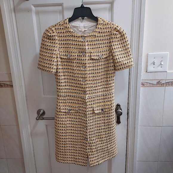 MAJE Yellow Gold Rill Metallic Cotton Tweed Mini Dress - Picture 1 of 11